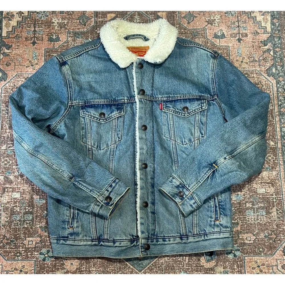 Levis Sherpa Trucker Jacket Mens Medium Blue Denim Fleece Lined 16365-0044